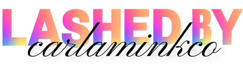 Colorful LASHED BY logo with gradient letters and cursive script text in pink, orange, purple, and yellow